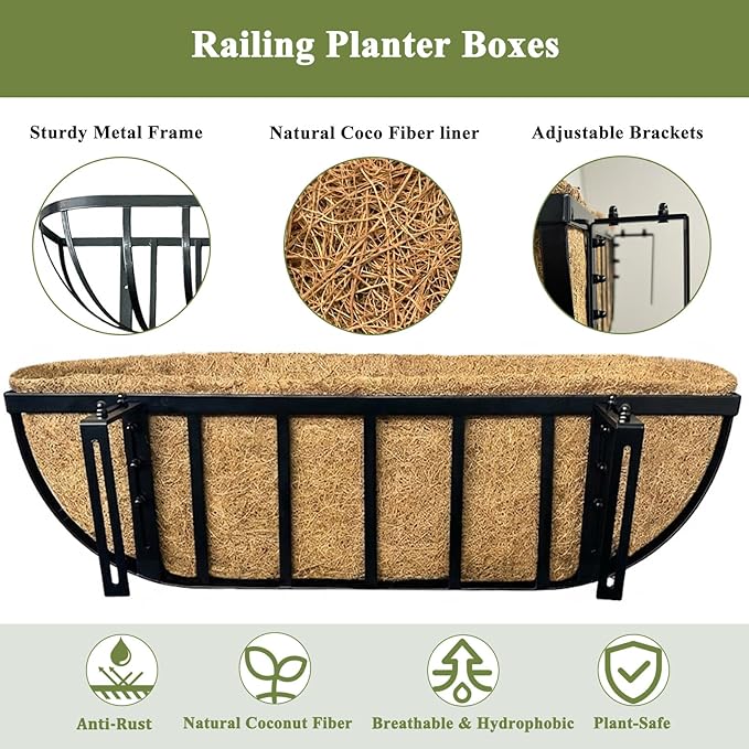 36 Inch Railing Planter Boxes 2 Pack Metal Window Box Planters with Coco Coir Liners, Horse Trough Planter with Adjustable Brackets for Deck Balcony Fence Porch Patio Outdoor Garden