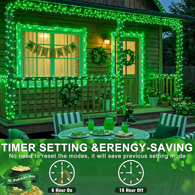250 LED Green String Lights Indoor, 82ft St Patricks Day Lights Clear Wire 8 Modes Plug in Waterproof Christmas Lights for Indoor Room Christmas Tree Party Holiday Decorations