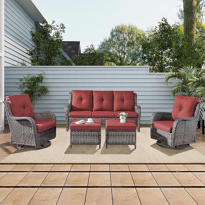 Rilyson Wicker Patio Furniture Set - 5 Piece Rattan Outdoor Sectional Conversation Sets with 2 Rocking Swivel Chairs,2 Ottomans and 1 Sofa for Porch Deck Garden(Mixed Grey/Red)