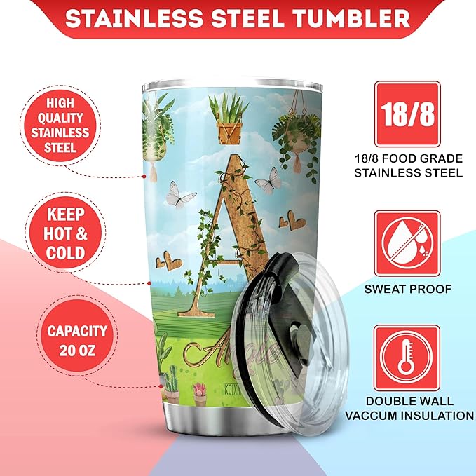 Personalized Initial Coffee Tumbler Gardening Custom Name Birthday Gifts For Women Adults Girls Grandma Travel Mug With Lid Insulated Cup Cold Steel Tumblers Inspirational Quote