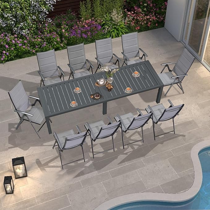 PURPLE LEAF 11 Pieces Outdoor Patio Dining Set with 10 Soft Cotton-Padded Folding Portable Chairs and 1 Large Rectangle Dining Aluminum Table, Ldeal for Pergola Pavilion Poolside, Grey