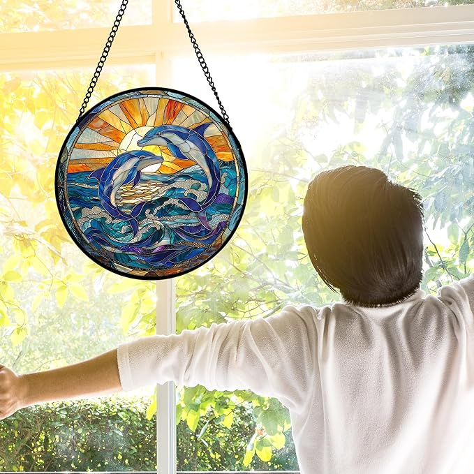 DASTOLL Stained Glass Window Hanging, Blue Dolphin Sun Catchers Colorful Glass Panel Sunrise Sea View Suncatcher Decor for Birthday for Women, Men, Wife, Aunt, and Mom 9.8 in