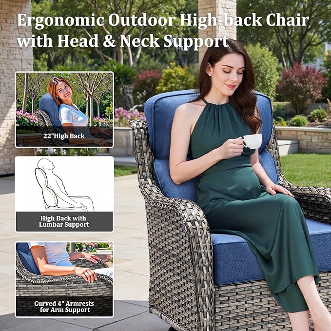Luxury Patio Furniture Set with 42.5" Fire Pit Table, 6 Pieces High Back All Weather Wicker Outdoor Furniture w/ 6-Inch Thick Cushions, Patio Swivel Chairs Couch for Deck Balcony Backyard Grey/Blue