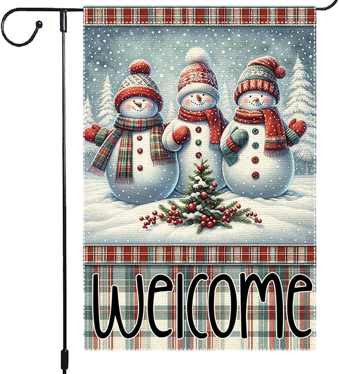 Welcome Snowman Garden Flag 12x18 Inch Double Sided Winter Christmas Burlap Yard Flag Holiday Outdoor Seasonal Decoration for House Lawn Porch Patio Home Decor