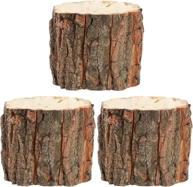 Yardwe 3Pcs Rustic Bark Design Wood Planters, Decorative Flower Pots Plant Containers for Home, Patio, Balcony, and Garden, 3.54X9.44X3.14Inch