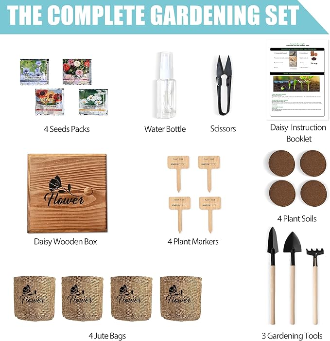 Sproutix Indoor Daisy Garden Starter Kit, 4 Flower Seeds Growing into Shasta Daisy, Cornflower, Sunflower, Zinnia, Including Complete Gardening Tools, Christmas Gifts for Women Men & Beginners