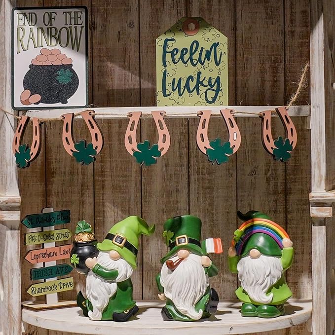 St Patrick's Day Decorations Gnome-Figurines - Set of 3 Gnome Statue with Shamrock Pot of Gold Resin St. Patricks Day Faceless Dolls Farmhouse Décor for Tabletop Home 3*2.75*4.5 in Newman House Studio