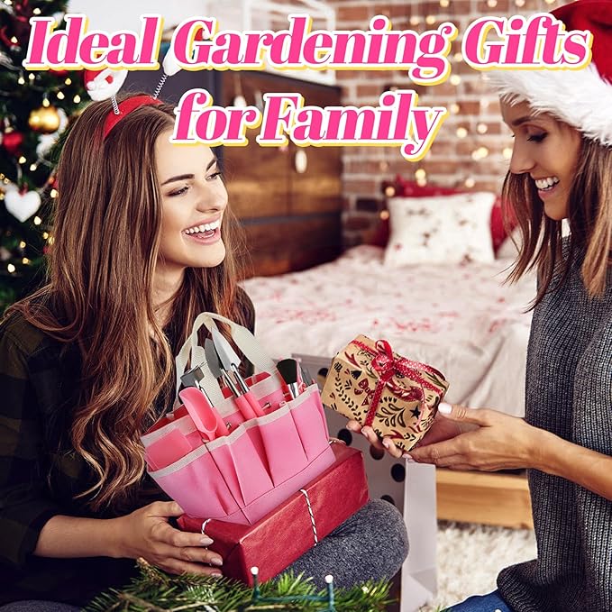 4pcs Small Gardening Tools Gifts for Women Beginners - Garden Hand Tools Set for Indoor Succulent Bonsai Plants Transplanting, Included Bag/Repotting Mat/Shovel/Labels, Pink