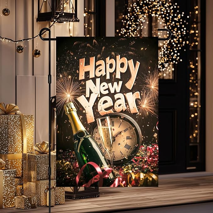 Happy New Year Garden Flag 12x18 Inch Countdown Clock Winter Holiday Yard Decor Seasonal Banner Outdoor Champagne Celebration Lawn Sign Double Sided Polyester For Girls or boys gifts