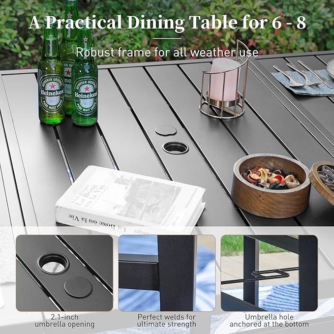 83" Patio Table for 8,Large Rectangle Patio Dining Table with Umbrella Hole,E-Coating and Powder Coating Steel Frame Metal Outdoor Patio Table for Garden Backyard Lawn Yard