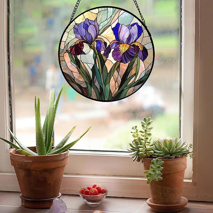 HWRHTR Stained Glass Window Hanging, Purple Blue Iris Birth Flower Suncatcher for Doors Garden Yard Sun Catchers Decor Christmas Mother's Day Birthday Gifts for Teacher Women Mom Nana Wife 6.3 in
