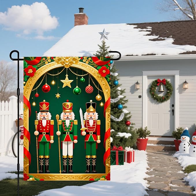 IVN Christmas Garden Flag 12x18 Inch Double Sided Classic Nutcracker Soldiers with Ornaments Outdoor Yard Flag for Outside Home Front Door Lawn Porch Patio Welcome Decor
