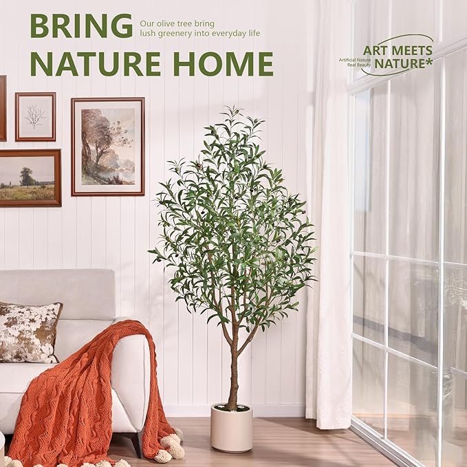 Verinatural Olive Trees Artificial Indoor 6FT - Realistic Fake Plants with Remote LED Spotlights, White Planter - Faux Olive Tree for Home Living Room Office Floor Bedroom Decor,VN214