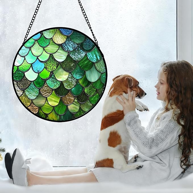 QZQCBLC Stained Glass Window Hanging Green Abstract Texture 7.8" - Marine Suncatcher Door Garden Sun Catcher Home Decor Birthday Christmas for Mom Men Woman Wife Friend