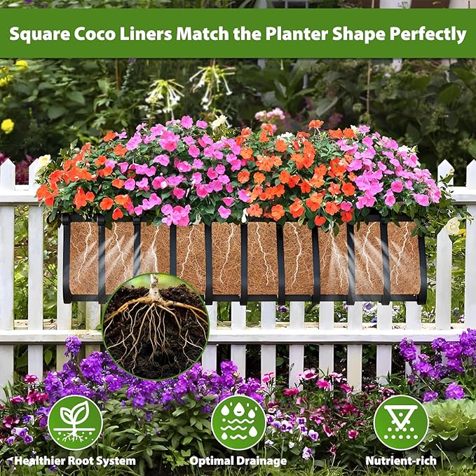 Legigo 4 Pack 36 Inch Square Coco Liners Planter Baskets Liner- Natural Coconut Coir Fiber Liner Replacement, Window Box Liners Trough Coconut Liners for Wall Planter Garden Deck Fence Flower Baskets
