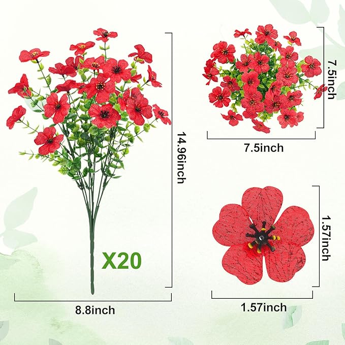 Besteek 20 Bundles Artificial Flowers for Outdoors Decoration Fake Silk Flowers UV Resistant Faux Plants Artificial Daisy Eucalyptus for Spring Summer Garden Yard Porch Window Home Decor, Red