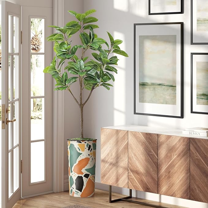 Artificial Tree in Modern Geometric Pattern Planter, Fake Rubber Silk TRE for Indoor and Outdoor Home Decoration - 70" Overall Tall (Plant Pot Plus Tree)