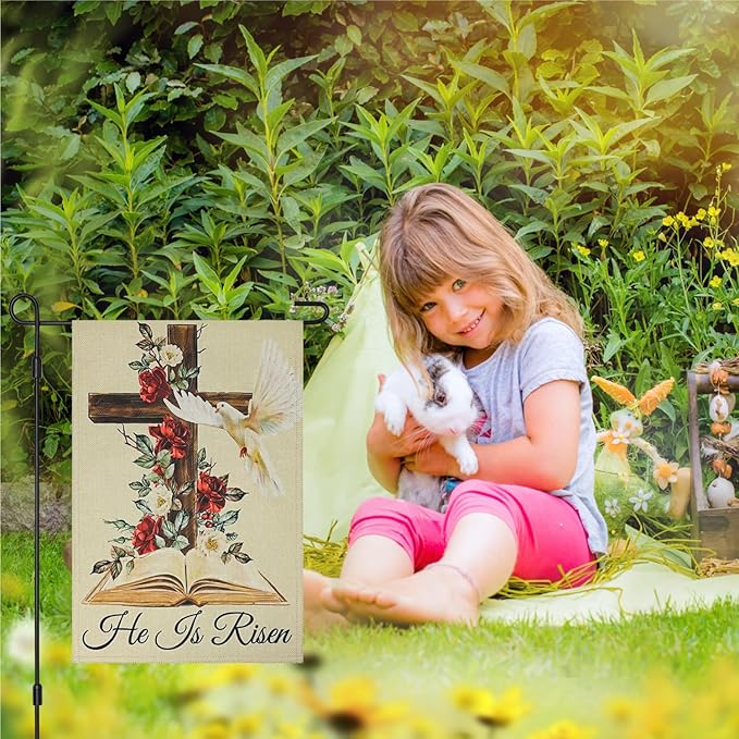 He Is Risen Easter Garden Flag Double Sided 12×18 Inch,Cross Flowersn Dove Decorations Small Burlap Religious Holiday Yard Flags for Outside