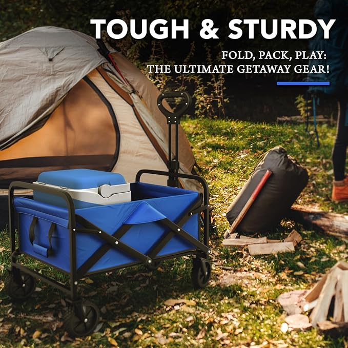Lifetime Home Collapsible Foldable Heavy Duty Utility Wagon Cart with Larger Capacity - Perfect for Shopping, Sports Events, Grocery, Moving, Camping, Laundry, Beach - Blue
