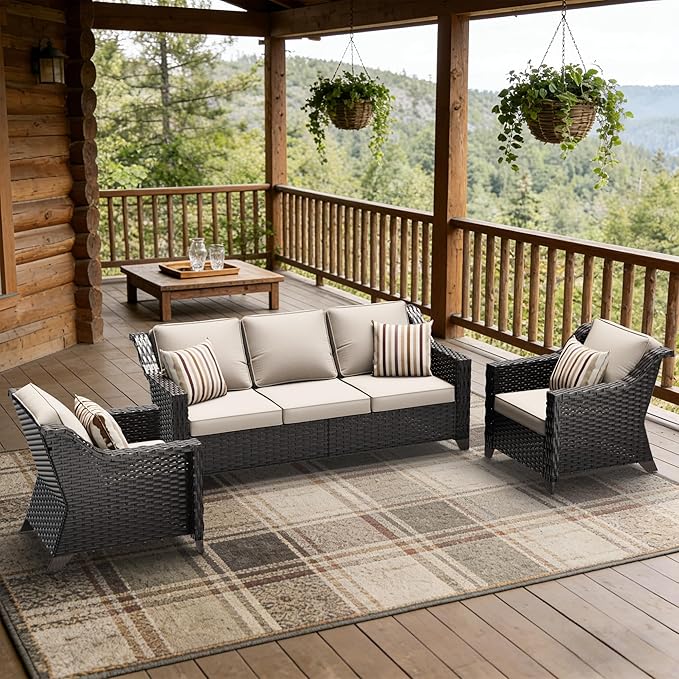 3 Pieces Patio Conversation Furniture Set - 1 Sofa, 2 Armchairs, Outdoor Wicker Furniture with Removable Cushions for Porch, Balcony, Sunroom (Beige)