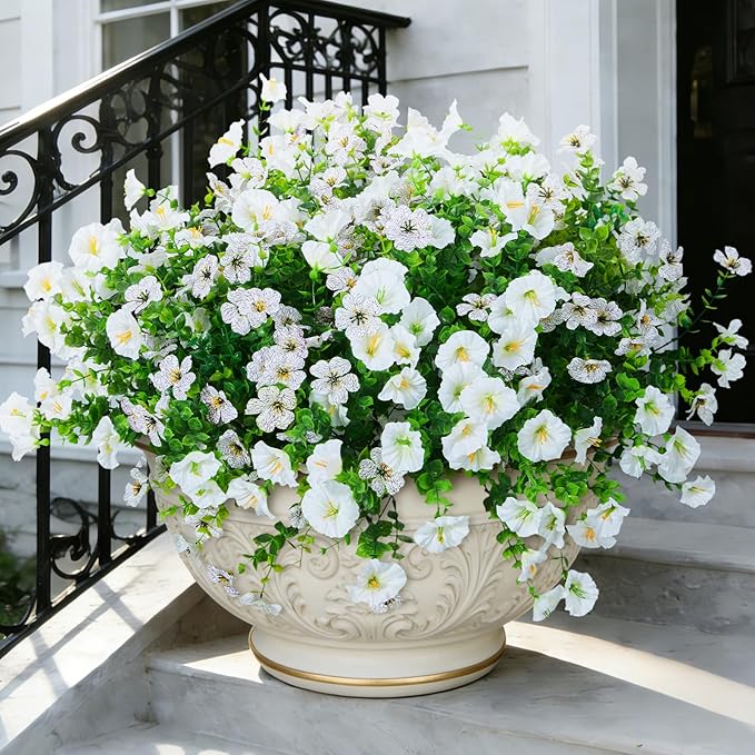 Hrobek Artificial Flowers for Outdoors Faux Plants Outside Indoor,Realistic UV Resistant Silk Fake Daisy Petunias for Home Patio Garden Back Yard Front Poch Decor Spring Summer(12 Bunches,White)