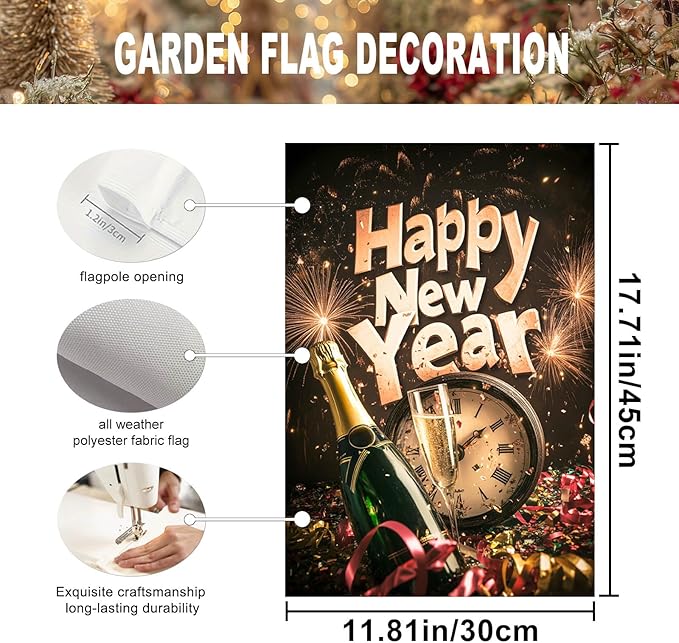 Happy New Year Garden Flag 12x18 Inch Countdown Clock Winter Holiday Yard Decor Seasonal Banner Outdoor Champagne Celebration Lawn Sign Double Sided Polyester For Girls or boys gifts