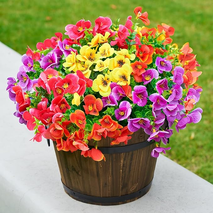 Ivydale Artificial Flowers for Outdoor Decoration, 12 Bundles Fake Pansy UV Resistant Realistic Silk Flowers with Eucalyptus for Planter Front Door Garden Porch Patio Yard