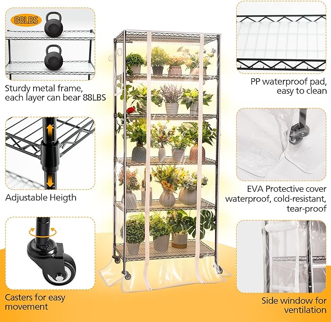 Meonum Plant Shelf with Grow Lights 30" x 13.8" x 70.8", 6 Tier DIY Metal Grow Rack with 90W LED Growing Lamps for Seed Starting, Indoor Greenhouse with Cover, Timer, Thermometer, pH Meter