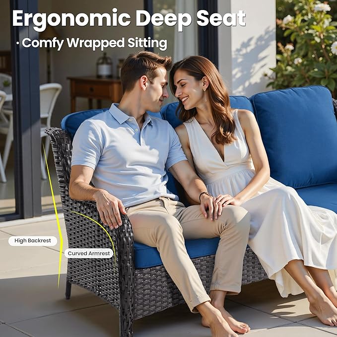 ovios 7 Pieces Patio Furniture Set, Outdoor Wicker Sofa Couch with Swivel Chairs 54" Fire Pit Table, High Back Modern All Weather Conversation Sets, Brown Rattan, Navy Blue