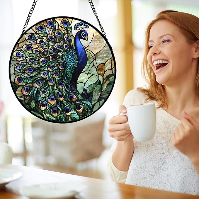 DASTOLL Stained Glass Window Hanging, Blue Green Peacock Decor Suncatcher for Door Garden Home Decoration Bird Sun Catchers Christmas Mother's Day Birthday Gifts for Women Men Mom Nana Friend 6.3 in