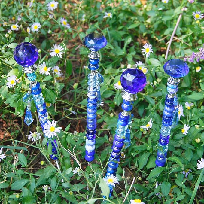 Exway 100 PCS DIY Fairy Wand Beaded Garden Stake Beads Kits with Dark Blue Large Hole Beads 4 Crystal Stopper Top Threaded Rods and 4 Dark Blue Sparkling Crystal Pendants for Outdoor Indoor Decor