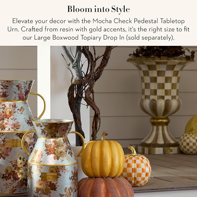 MACKENZIE-CHILDS Tabletop Urn, Decorative Centerpiece for Table, Brown-and-White Mocha Check Pedestal