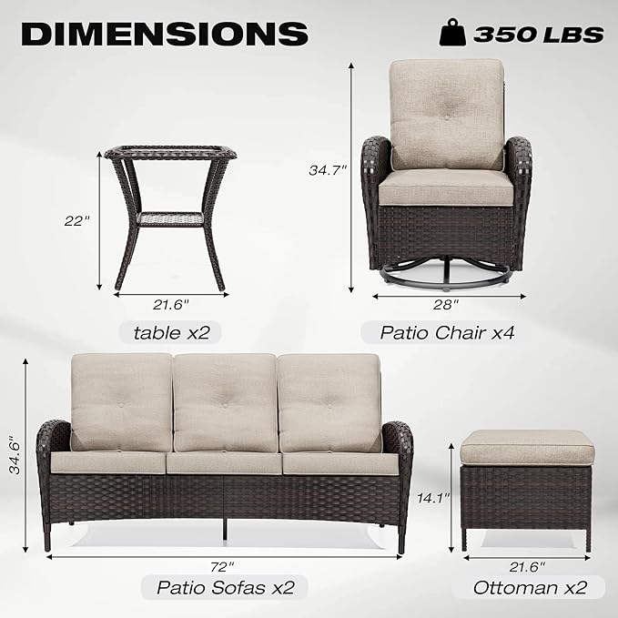 Joyside Wicker Patio Furniture Set, 10 Piece Outdoor Furniture Set with Thickened Cushions, High Back, Deep Seating, Wide Armrest, Outdoor Swivel Rocker Chairs for Porch, Deck