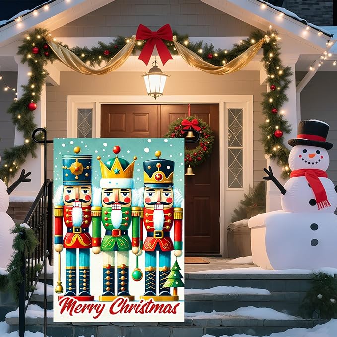 IVN Christmas Garden Flag 12x18 Inch Double Sided Colorful Nutcracker Trio with Ornaments Outdoor Yard Flag for Outside Home Front Door Lawn Porch Patio Welcome Decor