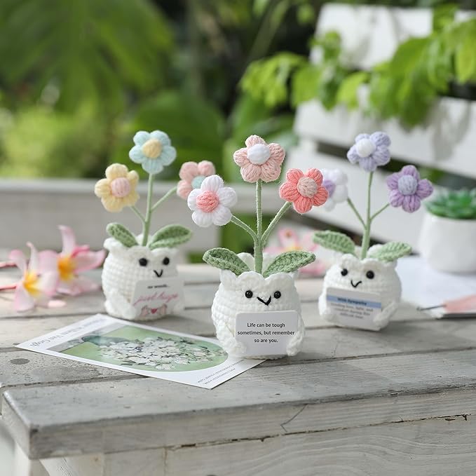 YOOJEE Mental Health Crochet Flower Pot, Positive Stress Relief Desk Decor with Card “Life Can Be Tough But So are You”, Handmade Emotional Support Gift
