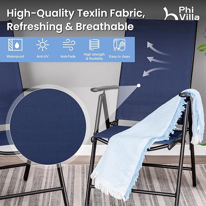PHI VILLA Patio Folding Chairs Set of 4, Portable Outdoor Dining Chairs with Adjustable Backrest for Outside, Garden, Lawn & Yard, No Assembly, Blue
