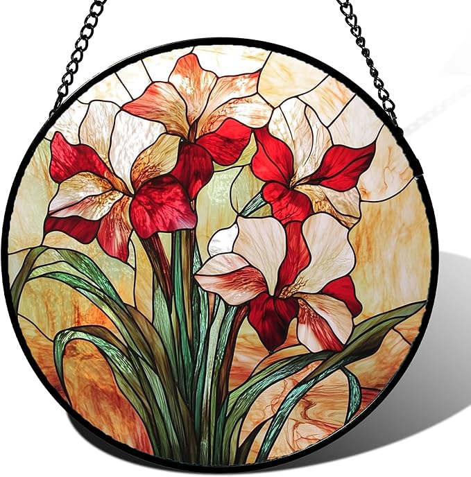 Stained Glass Window Hanging - Red Gladiolus Flower Suncatcher for Door Yard Sun Catchers Decor Christmas Mother's Day Birthday Gifts for Lovers Women Mom Nana Girlfriend Wife 6.3 in