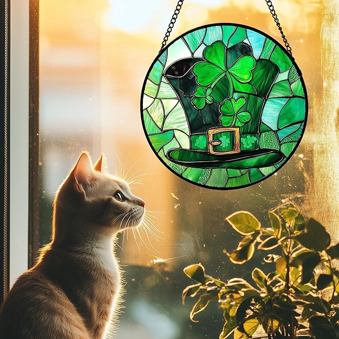QZQCBLC Stained Glass Window Hanging Green Lucky Clover Hat 9.8" - Suncatcher Door Garden Sun Catcher Ireland Decor Birthday Mother's St. Ripack's Day Gift for Woman Mom Men Friend Nana Wife