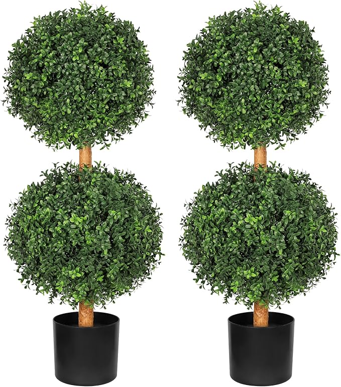 Artificial Boxwood Double Ball Topiary Trees, UV-Resistant Topiary Trees Artificial Outdoors, 3Ft-35 Evergreen Faux Boxwoods for Outdoor Front Porch Decor Home Patio, Set of 2