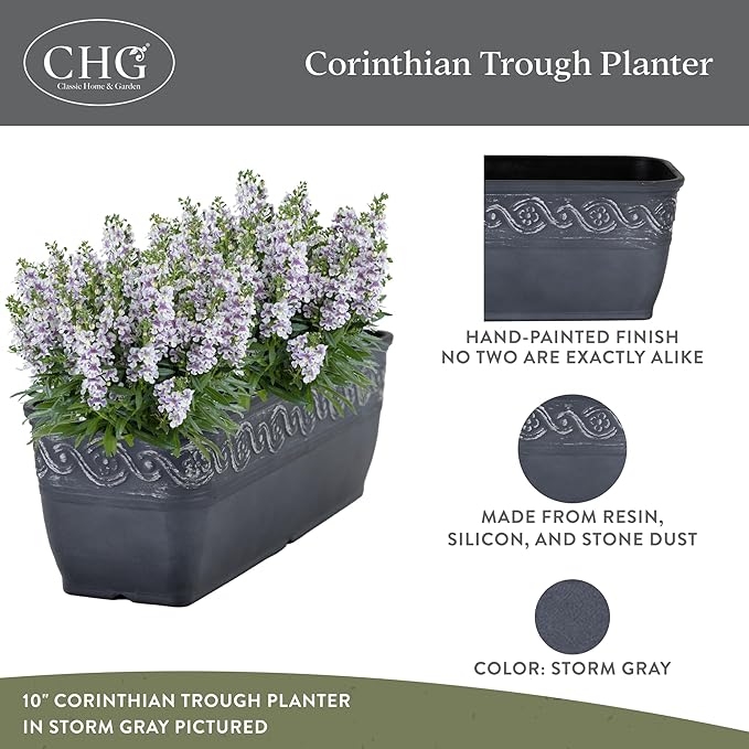 Classic Home and Garden Corinthian Resin Flower Pot Rectangle Planter, Storm Gray, 18"