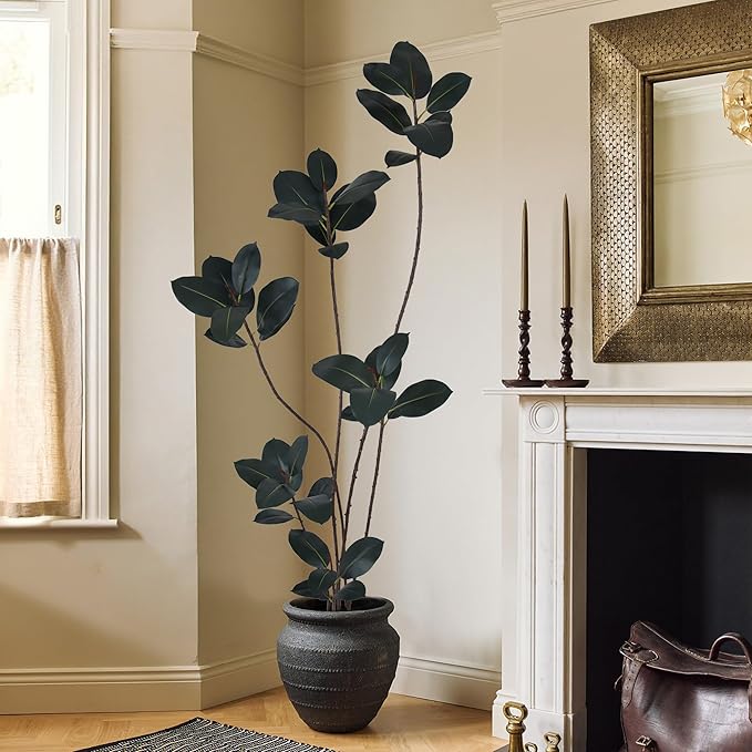 Artificial Rubber Tree 7FT with 40 Glossy Leaves & 6 Heads & Black Pot Cover with Coconut Fiber Realistic Tall Large Faux Tropical Ficus Elastica Plant 84 Inch for Indoor Home Modern Decor
