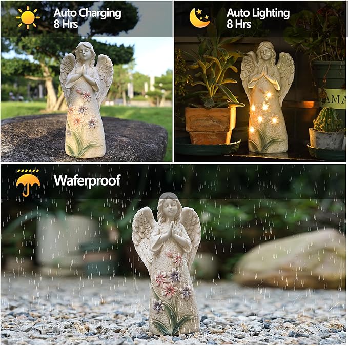 Roundot Garden Angel Statues Outdoor Decor 9.6 inches 6 LED Lights Solar Outdoor Sculptures for Outside Yard Art Patio Balcony Front Lawn Ornaments Gifts for Mom Grandma Women