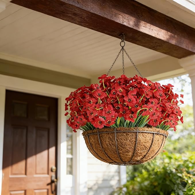 AmyHomie 20 Bundles Artificial Flowers for Outdoor UV Resistant Faux Flowers No Fade Fake Plastic Plants Garden Porch Window Box Decorating(Red)