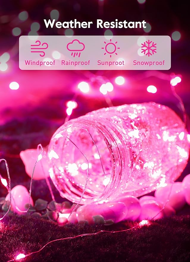 Fairy Lights Plug in, 33Feet 100 LEDs USB Twinkle String Lights with Remote and Timer, Waterproof 8 Modes for Bedroom Indoor Wreath DIY Wedding Holiday Christmas Valentine's Day Decoration, Pink