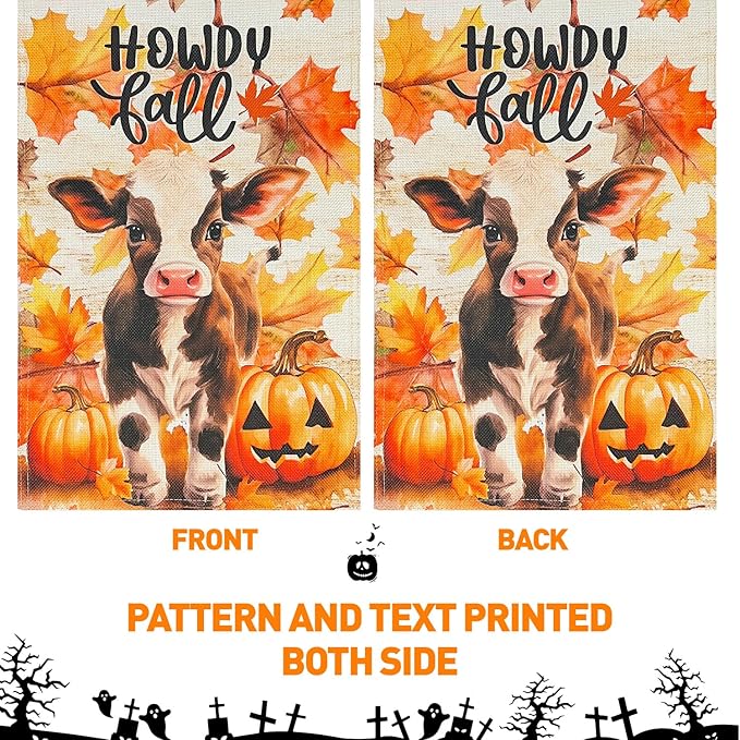 Halloween Howdy Fall Cute Cow Burlap Garden Flag,12x18 Inch Double Sided Pumpkins Maple Leaf Outside Small Yard Outdoor Flags, Holiday Autumn Thanksgiving Seasonal Porch Decoration
