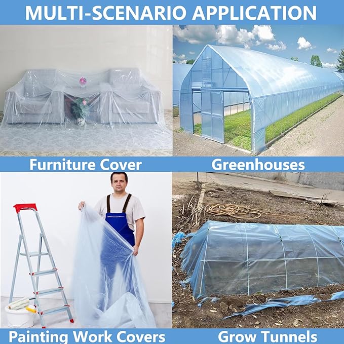 20x30 FT Greenhouse Plastic Film, 6 Mil Clear Film, Superior Toughness, Transparent Hoop House Covering for Gardening, Farming