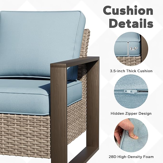 Joyside Outdoor Patio Chairs, 5 Pieces Wicker Rattan Furniture Set, 2 Patio Chairs, 1 Sofa and 2 Ottoman, Metal Wide Armrest, Thick Cushions and Deep Seating for Garden, Backyard, Porch, Deck