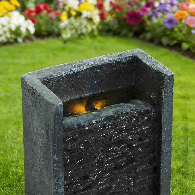 40" H Outdoor Water Fountain, Modern Floor Standing Cascading Waterfall with LED Lights, Resin Water Feature for Porch Patio Garden Home Office, Black