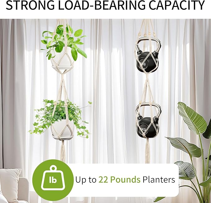 IDEEEPAN Macrame Plant Hanger - Fits 4 to 8 inches Pots for Indoor Outdoor, 49 Inch, Set of 2, Ivory (POTS NOT Included)