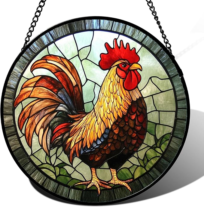 Stained Glass Window Hanging - Rooster Suncatcher for Doors Garden Patio Retro PColored Chicken Sun Catchers Decor Christmas Mother's Day Birthday Gifts for Women Men Mom Nana Friend 7.8 in